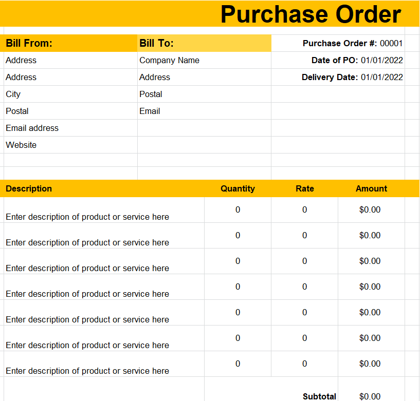 Professional Purchase Order Template in MS EXCEL — downloadable template preview