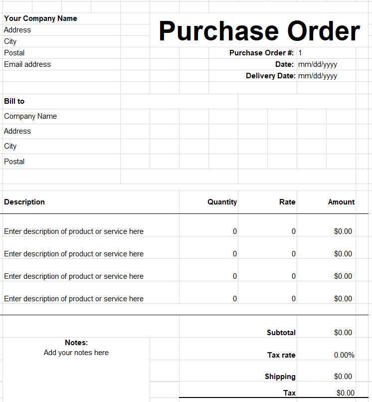 Simple Purchase Order Excel Template — downloadable template preview