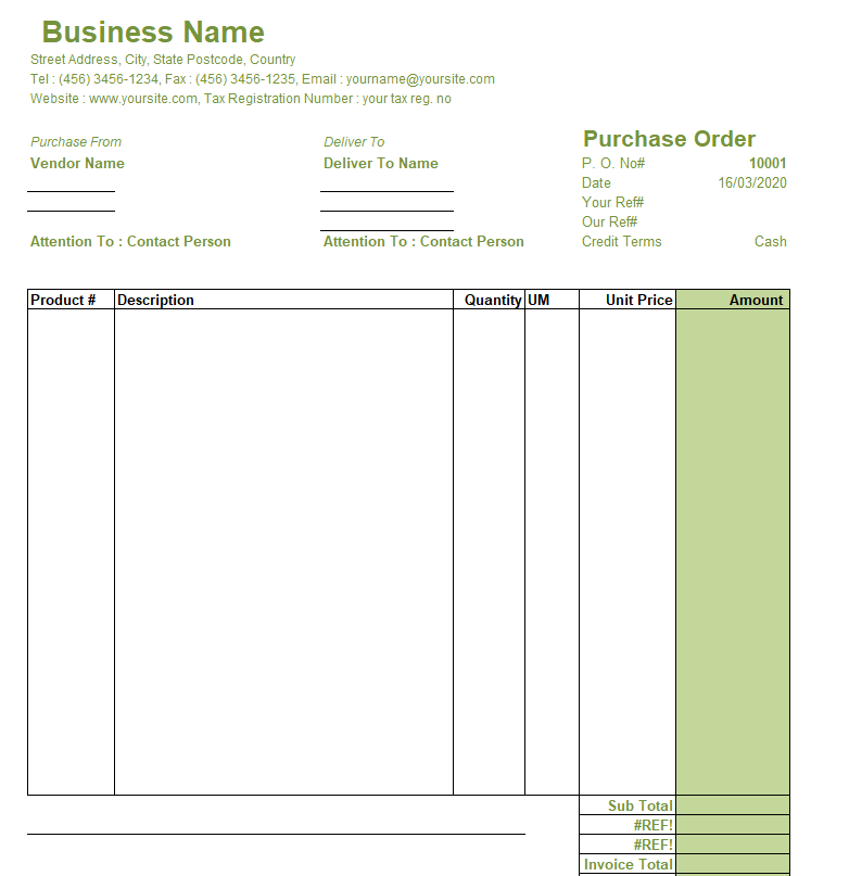 Organization's Purchase Order Template — downloadable template preview