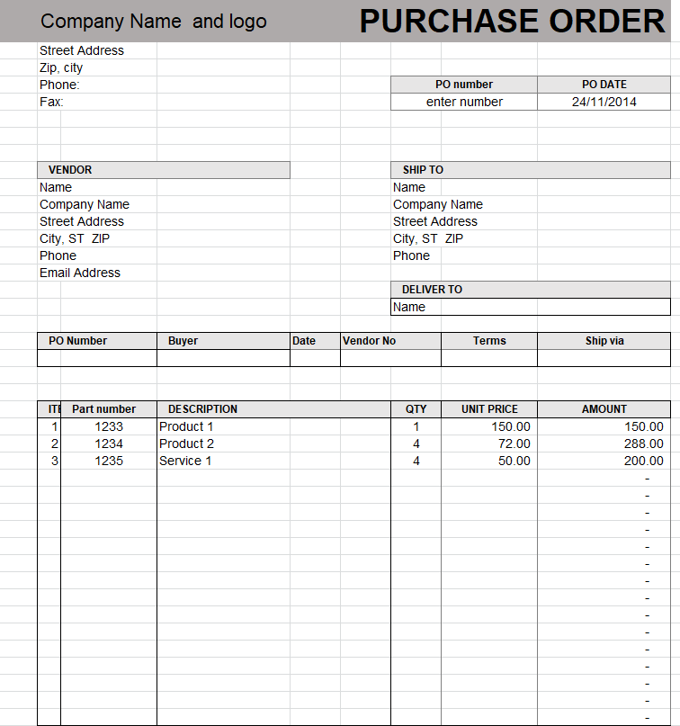 Company's Purchase Order Template Excel — downloadable template preview