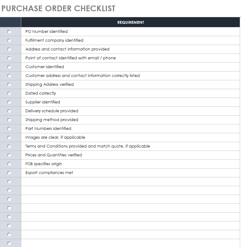 Purchase Order Checklist Template Excel — downloadable template preview