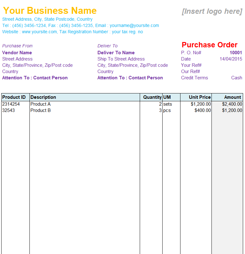 Fillable Purchase Order Excel Template — downloadable template preview