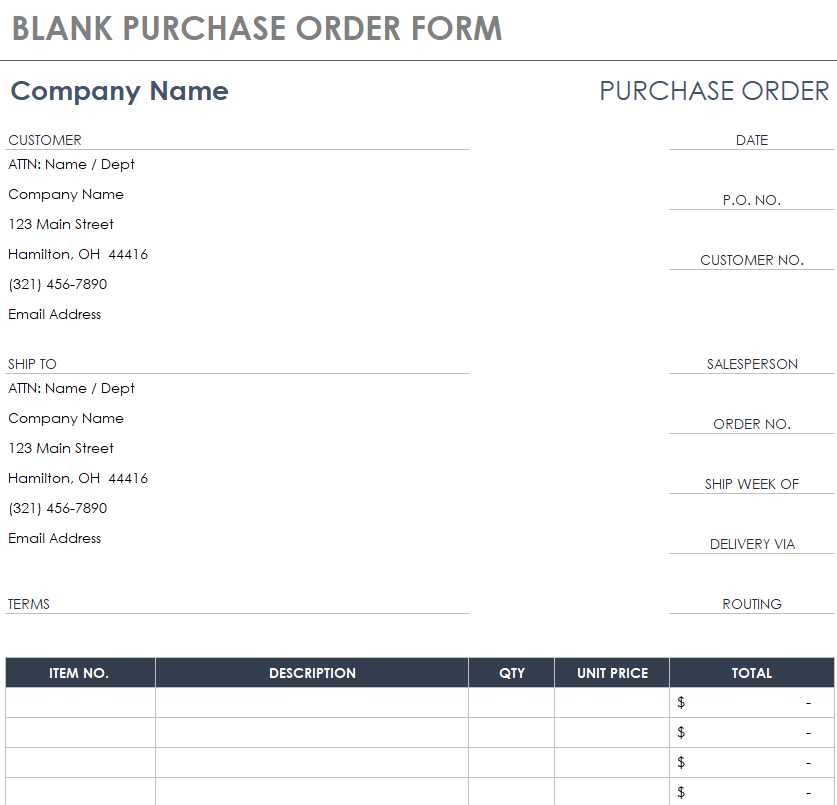 Blank Purchase Order Form Example — downloadable template preview