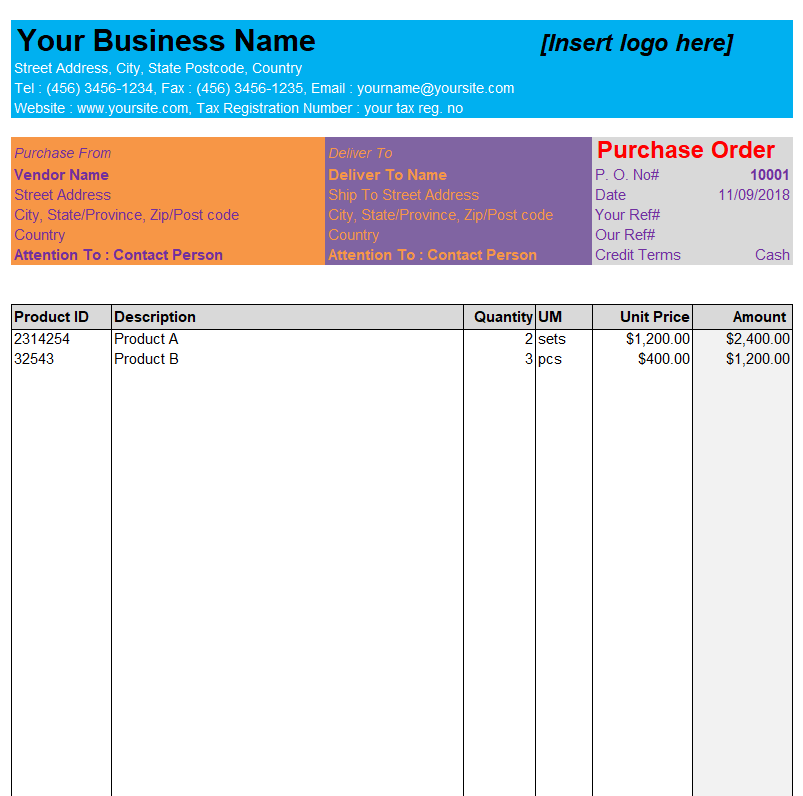 Formal Purchase Order Excel Template — downloadable template preview