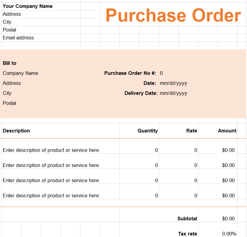 Modern Purchase Order Template MS Excel — downloadable template preview