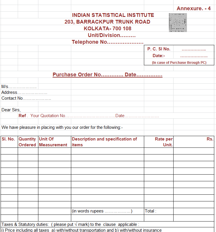 Institute's Purchase Order Sample Excel Sheet — downloadable template preview