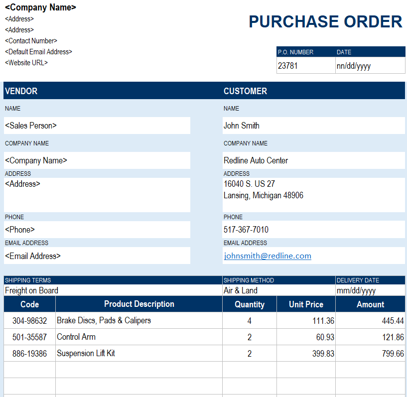 Editable Purchase Order Template in Excel — downloadable template preview