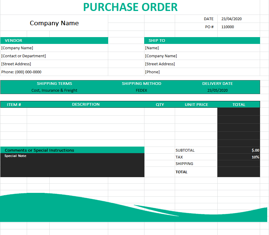 Draft Purchase Order Excel Sheet Sample — downloadable template preview