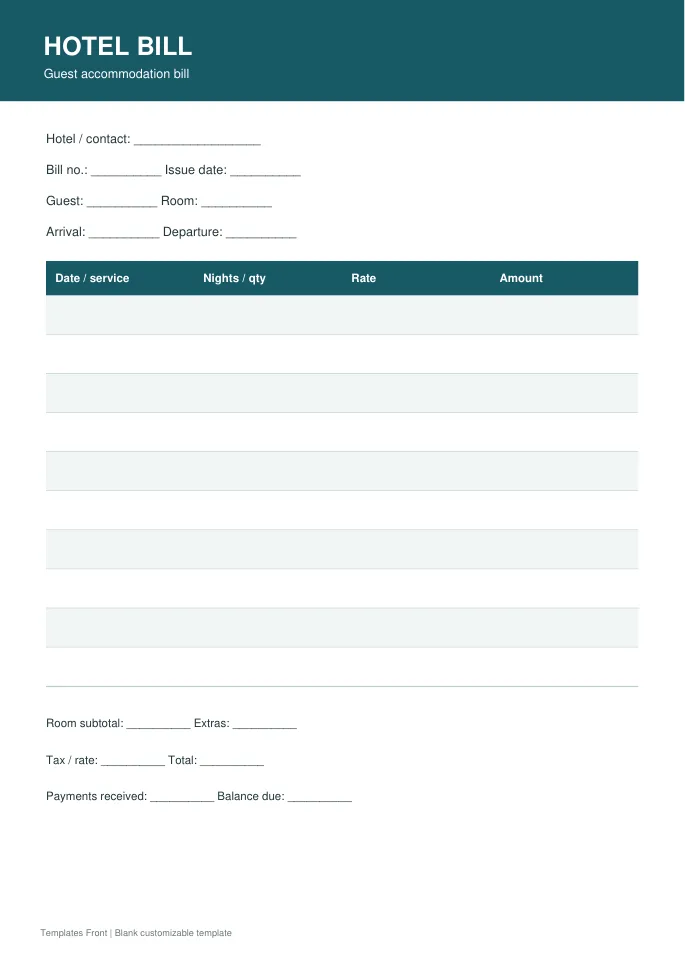 Guest accommodation bill — preview of the downloadable template