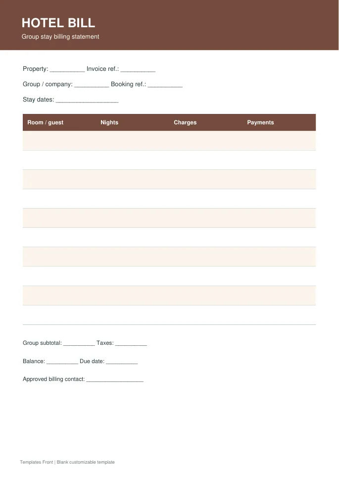 Group stay billing statement — preview of the downloadable template
