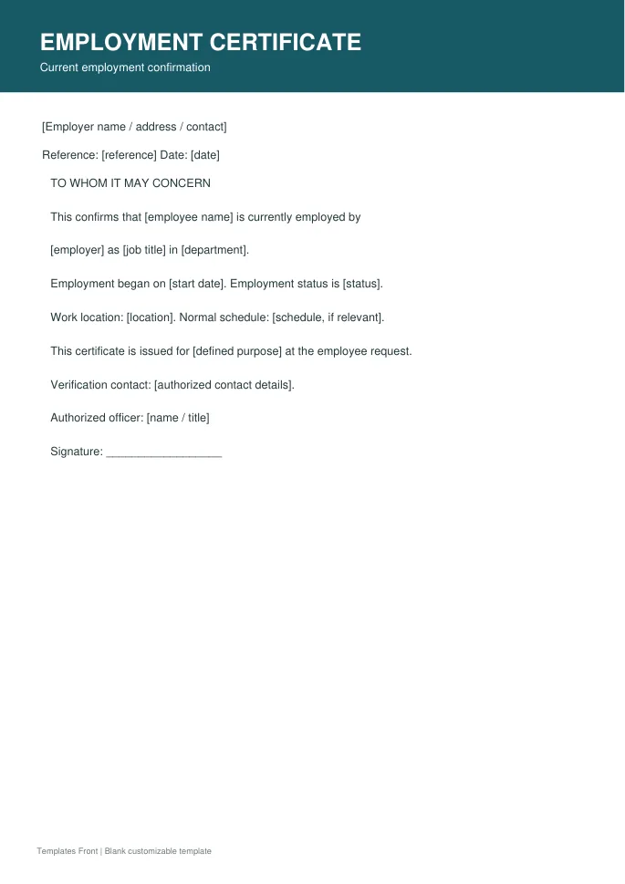 Current employment confirmation — preview of the downloadable template