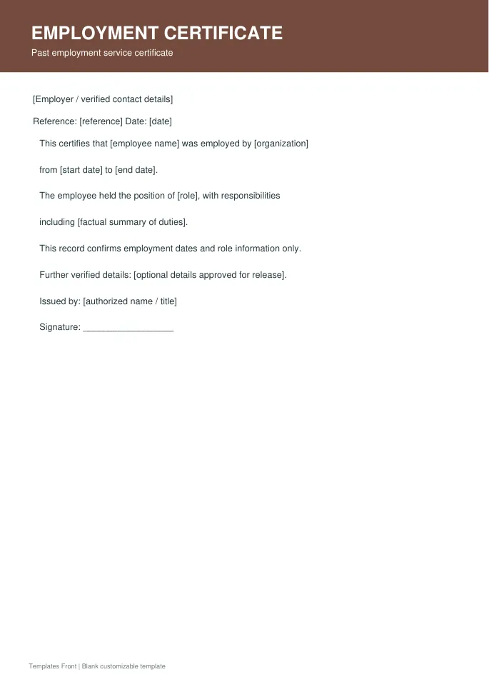 Past employment service certificate — preview of the downloadable template