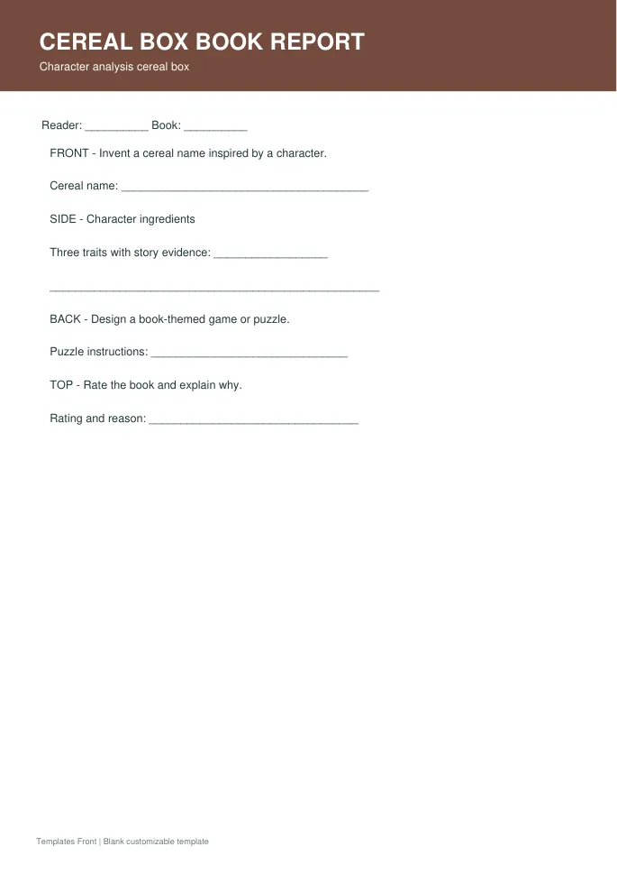 Character analysis cereal box — preview of the downloadable template