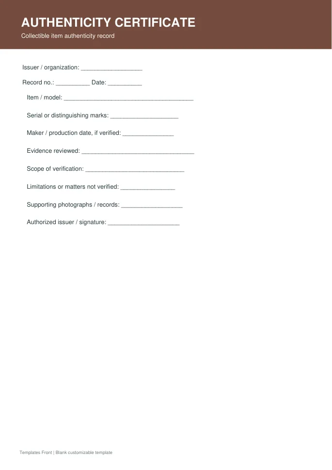 Collectible item authenticity record — preview of the downloadable template