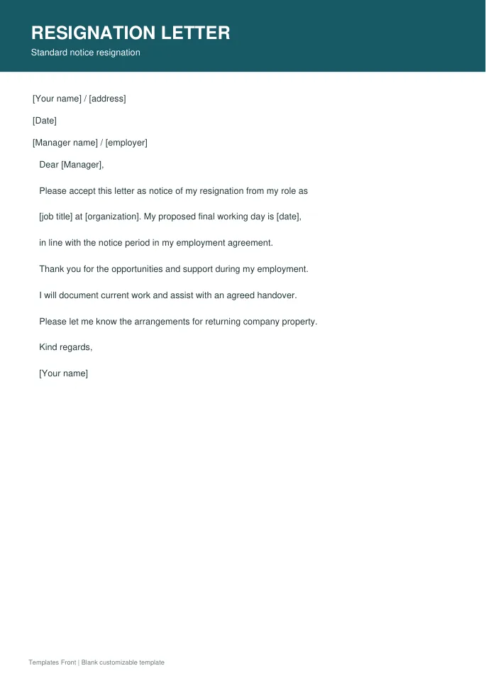 Standard notice resignation — preview of the downloadable template