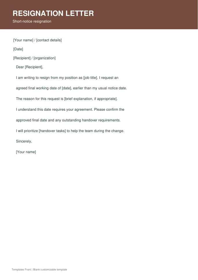 Short-notice resignation — preview of the downloadable template