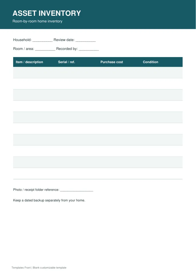 Room-by-room home inventory — preview of the downloadable template
