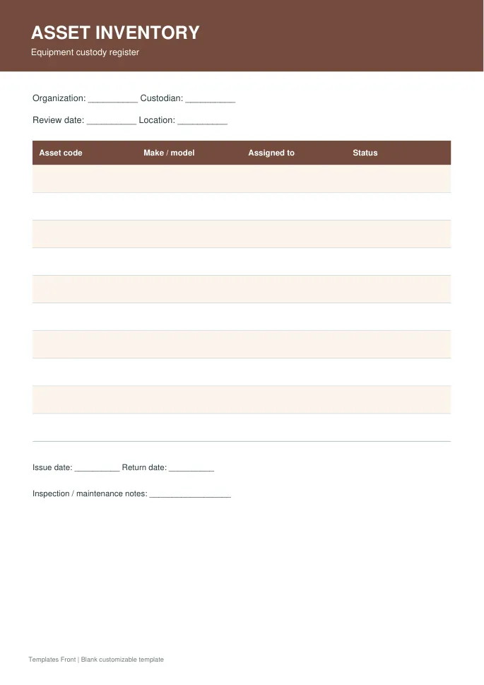 Equipment custody register — preview of the downloadable template