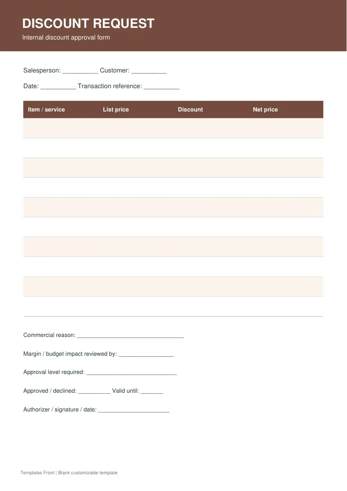 Internal discount approval form — preview of the downloadable template