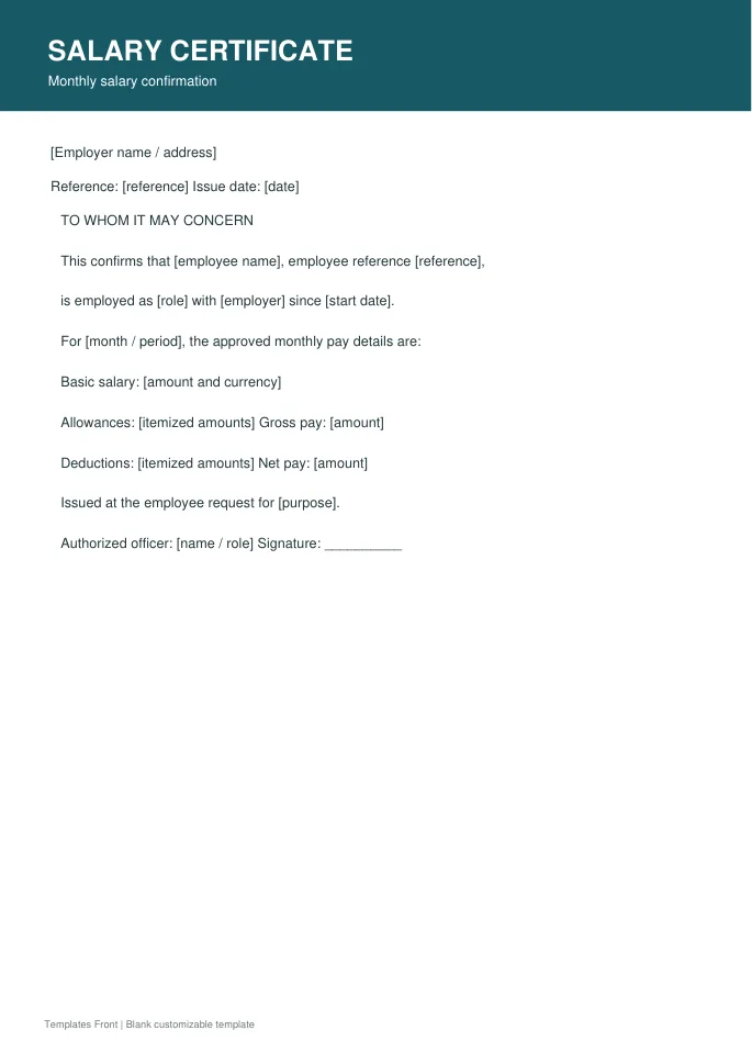Monthly salary confirmation — preview of the downloadable template