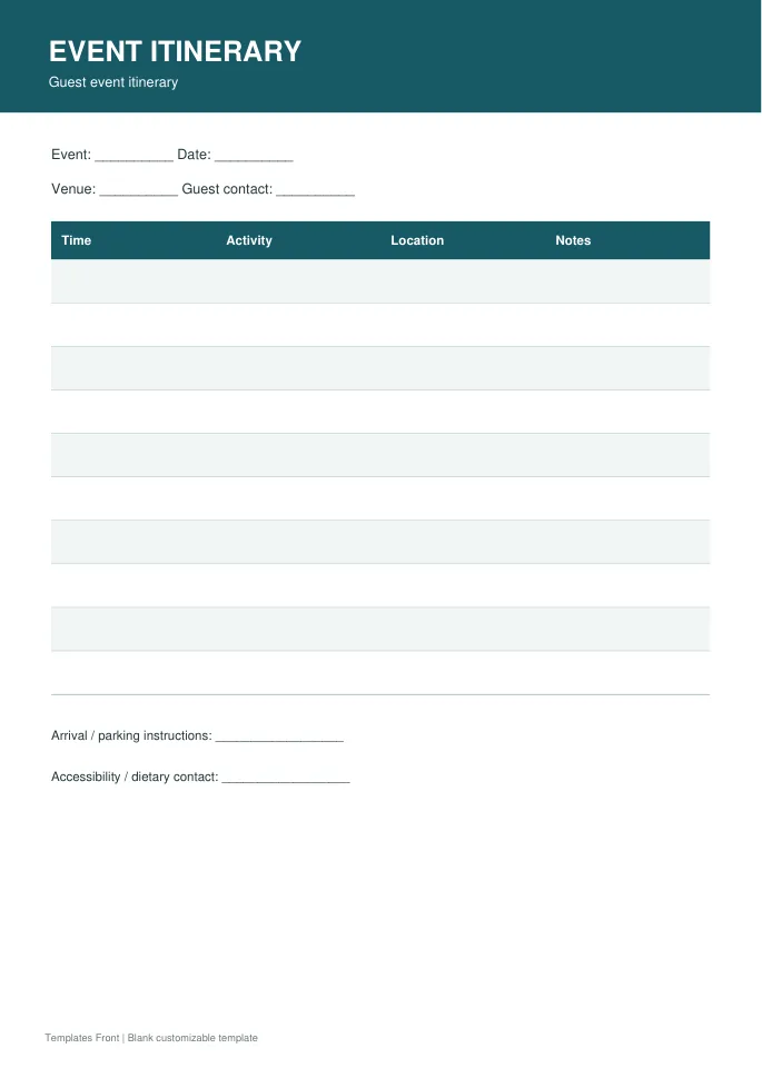 Guest event itinerary — preview of the downloadable template