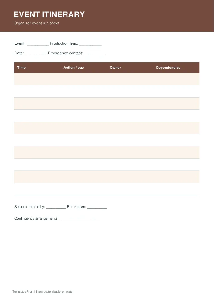 Organizer event run sheet — preview of the downloadable template