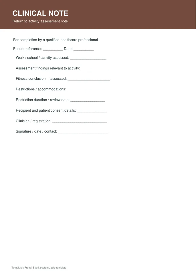 Return to activity assessment note — preview of the downloadable template