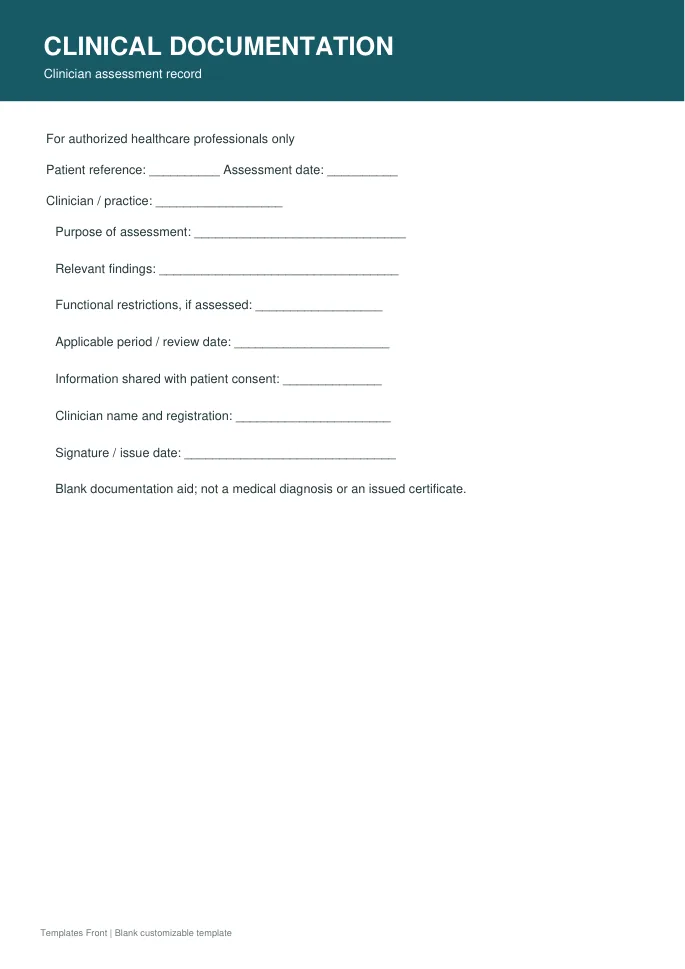 Clinician assessment record — preview of the downloadable template