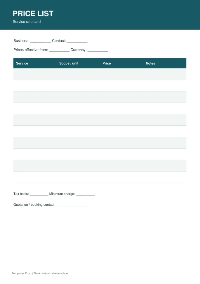 Service rate card — preview of the downloadable template