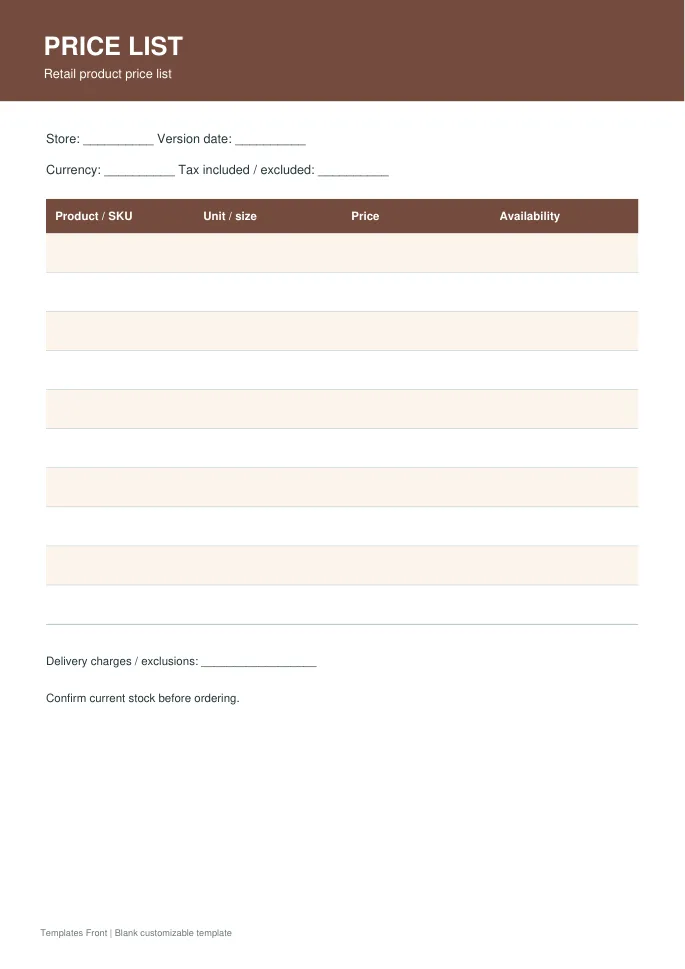 Retail product price list — preview of the downloadable template